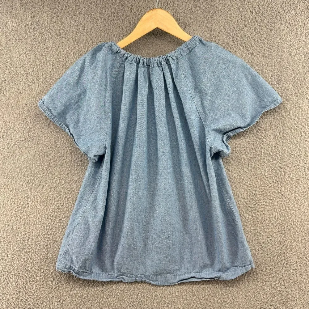 J. Crew Tie-Neck Chambray Ruched Top In Cranbury Blue Size Small - Picture 3 of 9